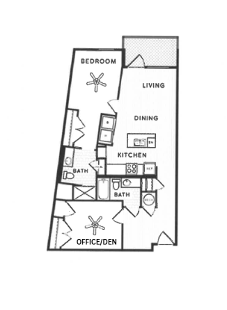 A floor plan of a house with a bedroom, living room, dining room, kitchen, and office/den.